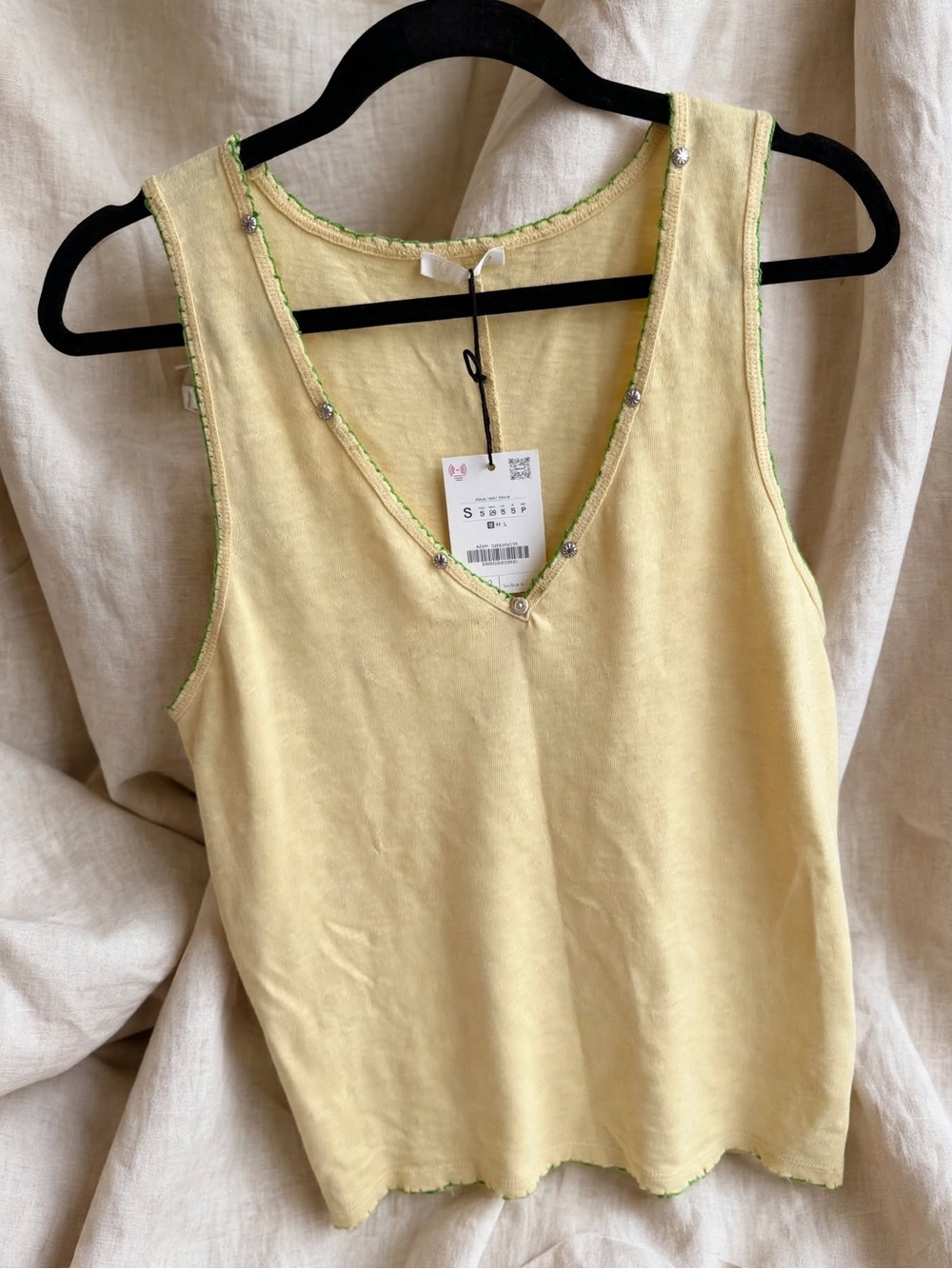Zara Pale Yellow V-Neck Tank with Green Trim